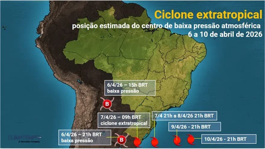 Ciclone extratropical vai impactar Brasil entre 6 e 10 de abril