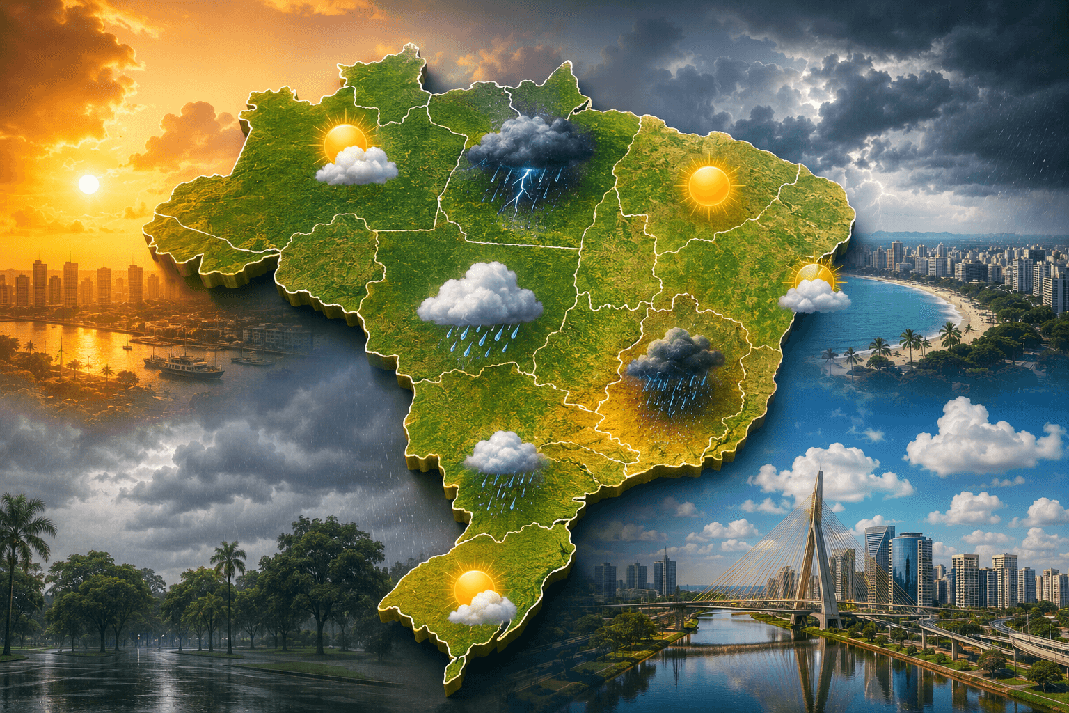Clima nas capitais brasileiras: quinta-feira tem temporais no Sul, calor e tempo seco no Centro-Oeste