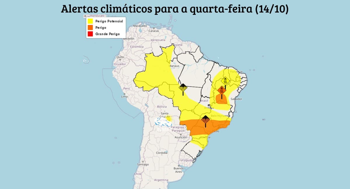 Quarta-feira de chuva em parte do Centro-Sul e calor no Norte e Nordeste