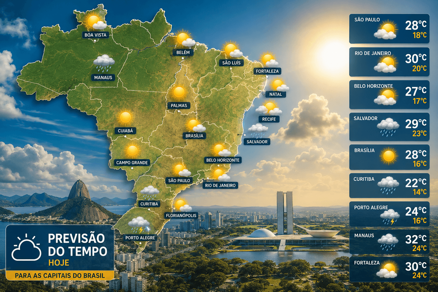 Clima nas capitais do Brasil: chuva forte no Sul contrasta com calor e tempo seco no interior
