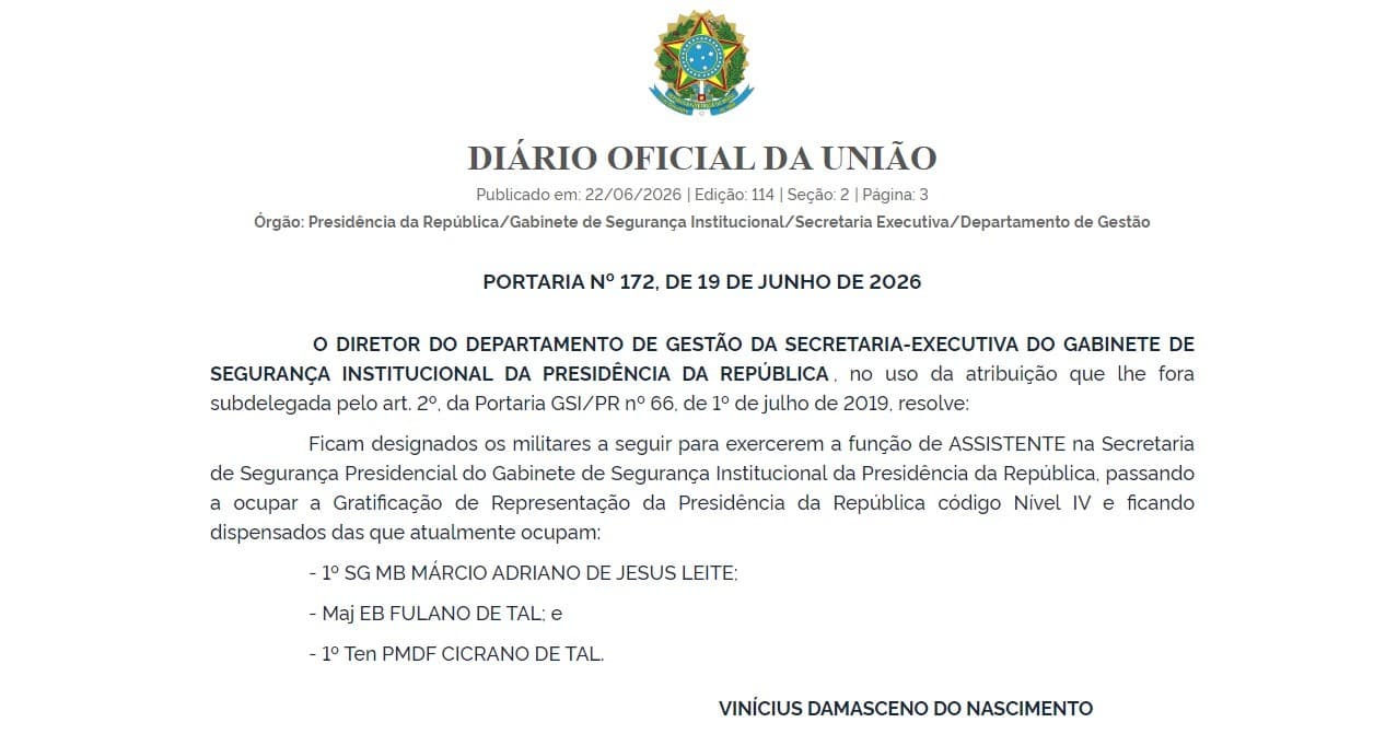 Militares são designados para segurança presidencial por portaria