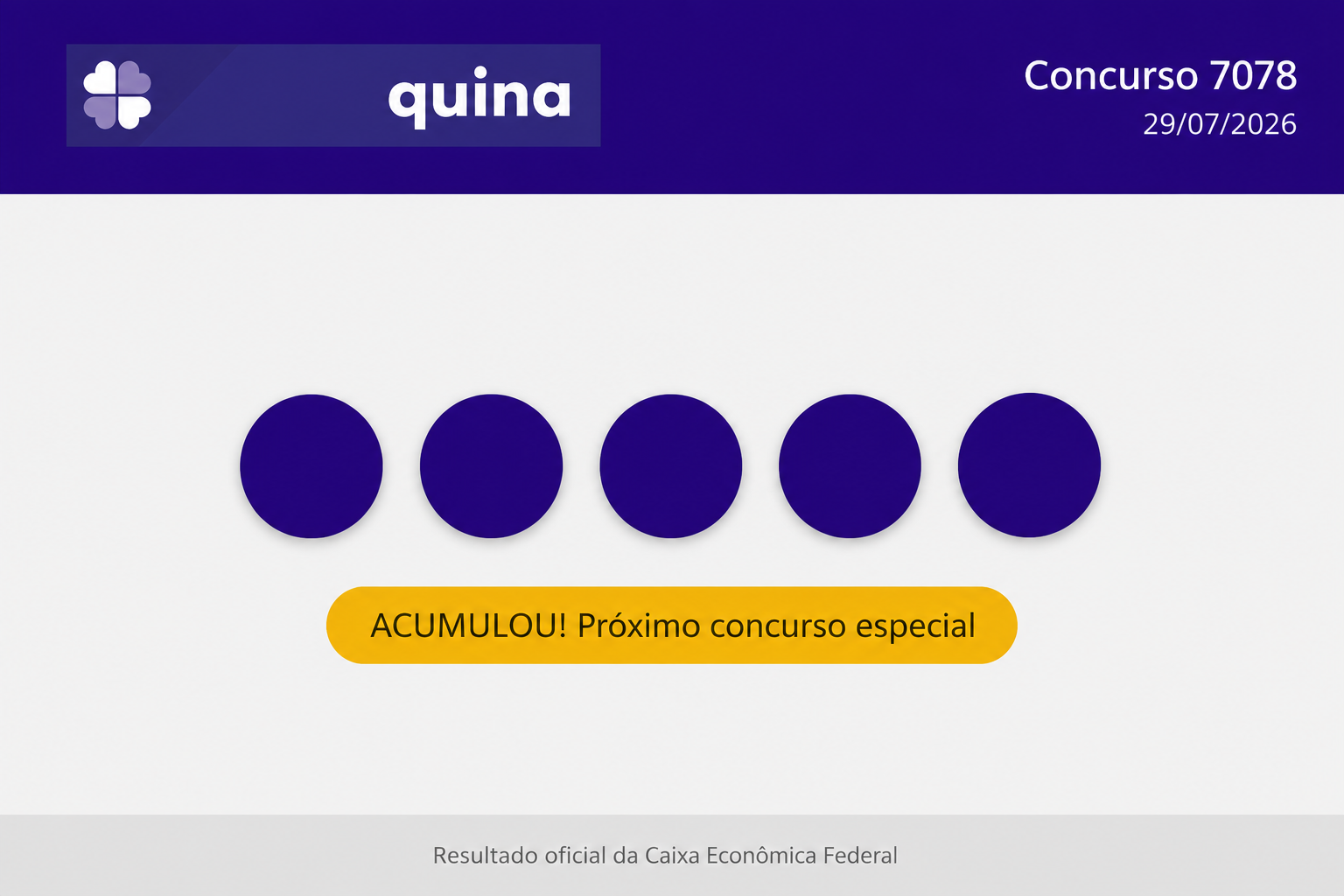 Resultado da Quina 7078 hoje (29/07): confira as dezenas sorteadas