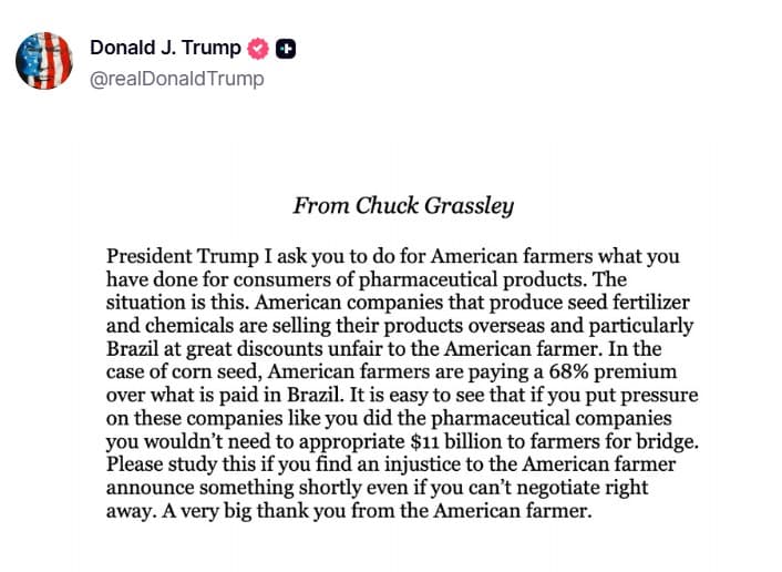 Trump apoia medidas contra alta de preços de sementes e fertilizantes