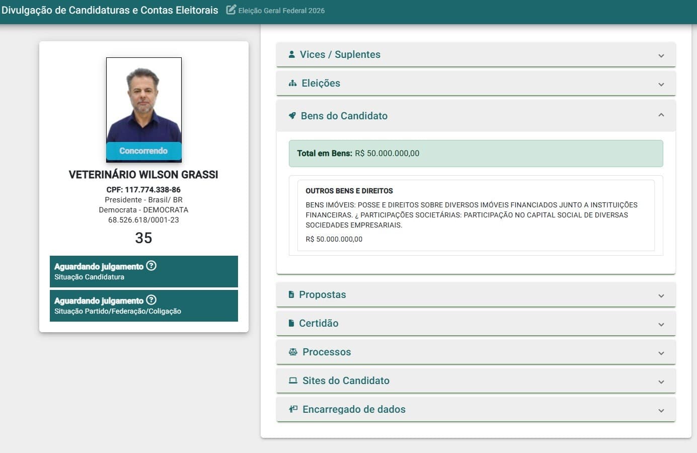 Wilson Grassi declara R$ 50 milhões e compete pela presidência