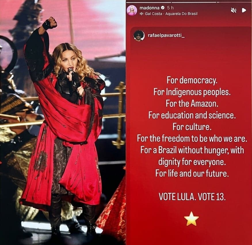 Madonna apoia reeleição de Lula em mensagem nas redes sociais