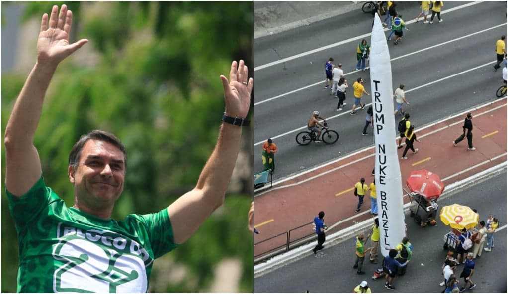 Apoio a Flávio Bolsonaro na Paulista pede intervenção de Trump
