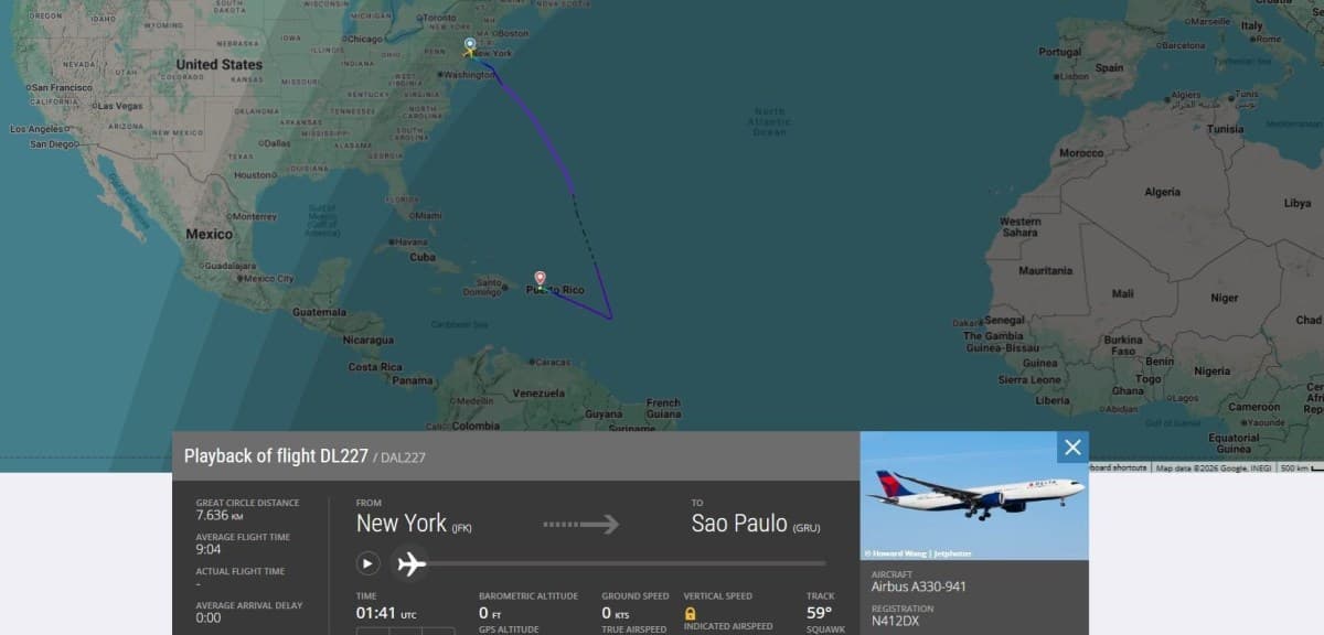 Voo da Delta Airlines desvia para Porto Rico; pouso em Guarulhos cancelado