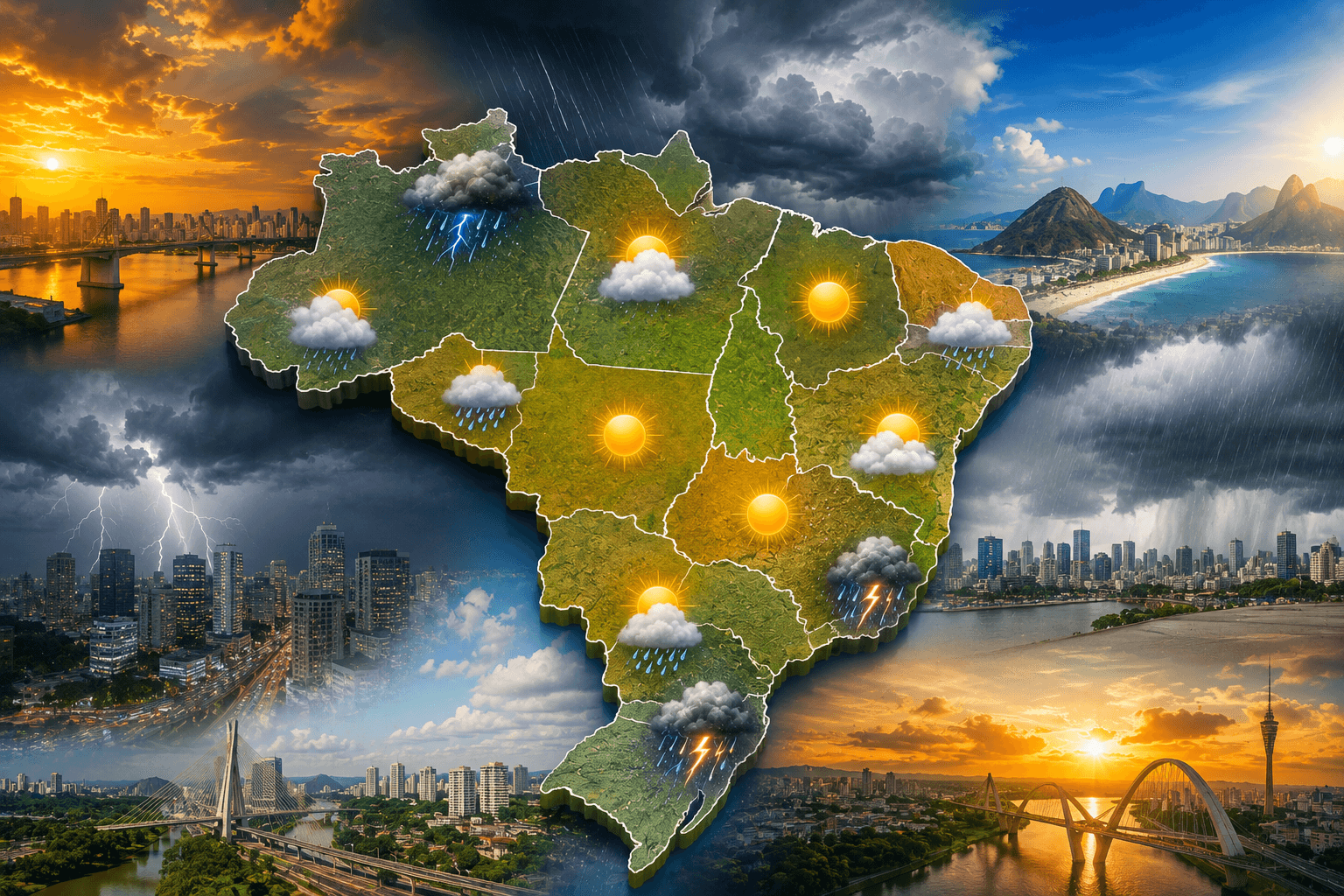 Clima nos estados brasileiros hoje: calor, tempo seco e temporais marcam esta sexta-feira
